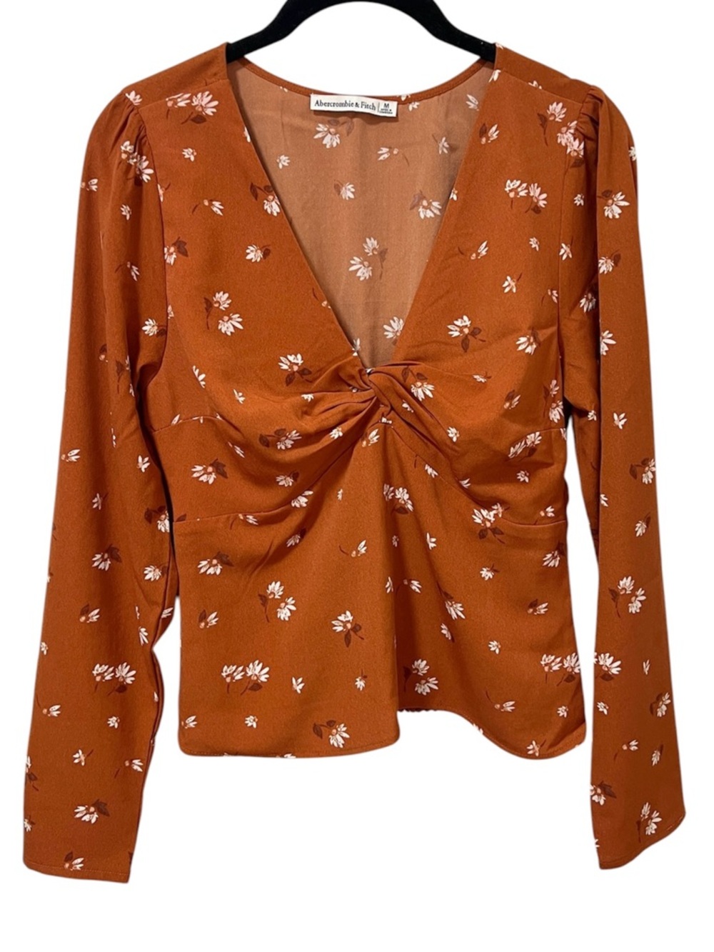 Abercrombie & Fitch Long-Sleeve Twist Front Floral Blouse M Rust Orange